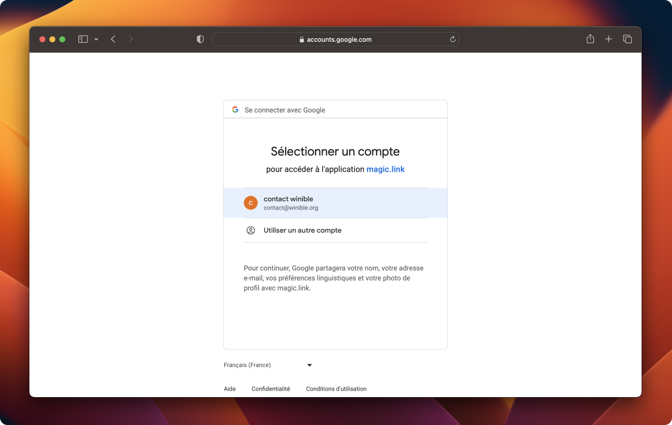 Creating a Winible account via Google with account choice